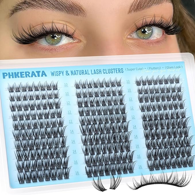 PHKERATA Eyelash Clusters Natural Lash Clusters Eyelash Extensions 240Pcs Wispy Cluster Lashes 10-16mm Lash Extension DIY Soft C Curly Individual Lashes with Thin Lash Band