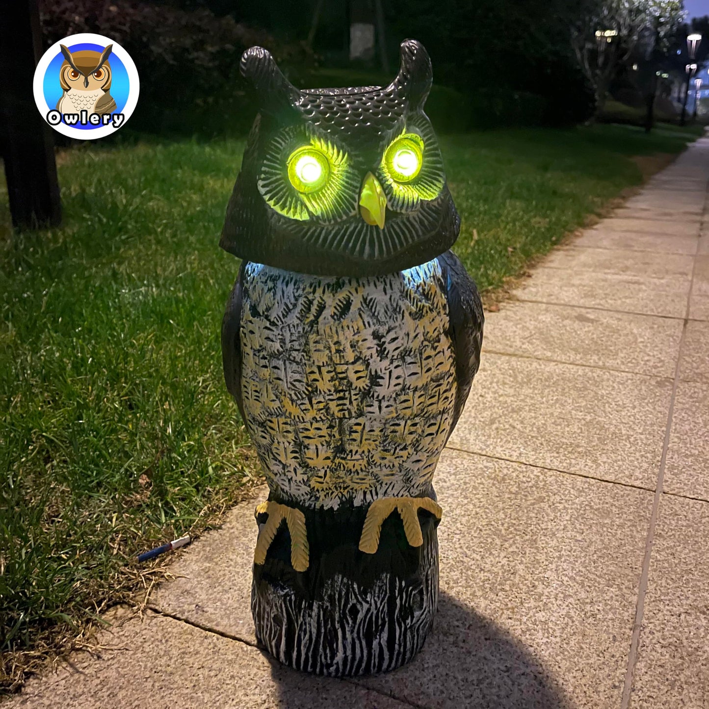 Owlery Large Solar Owl with Motion Detector, Flashing Eyes, Spinning Head, Realistic Hooting and Silent Mode, Garden Owl, Outdoor Statue, Decoration for Home, Garden, Patio and Fence