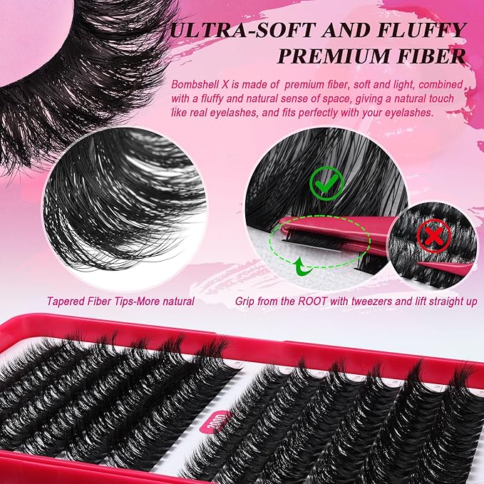 Bombshell Lash Clusters Kit Fluffy Lash Clusters Thick Eyelashes 80D-200D Eyelash Clusters Kit 400Pcs Eyelash Extension Kit DIY Lashes with Bond and Seal 10-18mm False Eyelashes