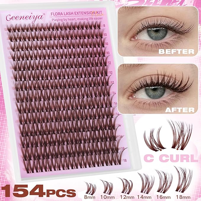 Geeneiya BROWN FLORA Lash Clusters Kit DIY Lash Extension, 8-18MM Wispy Lashes Clusters, Invisible Soft Band Eyelash Extension Kit with Waterproof Lash Bond and Seal, Lash Remover, Tweezers