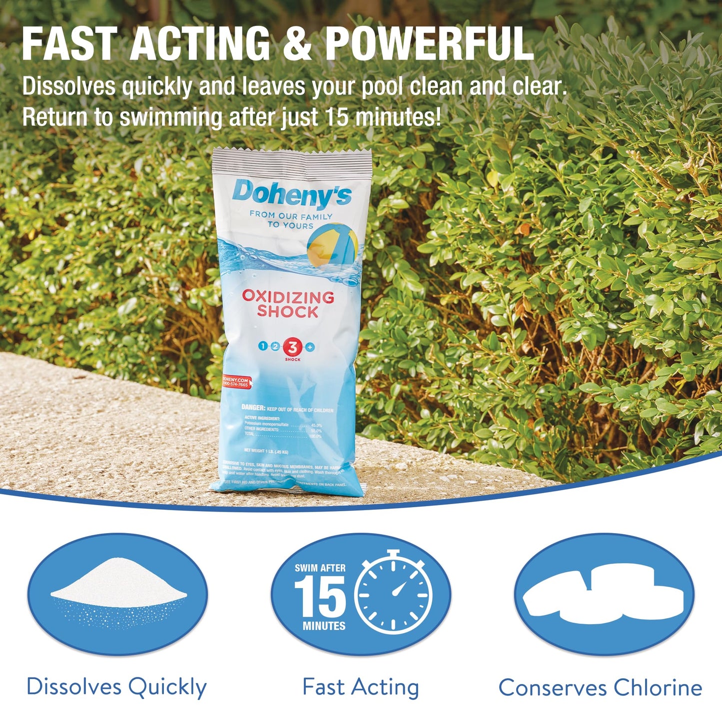 Doheny's Chlorine-Free Oxidizing Shock | Fast-Dissolving | Removes Chloramines & Boosts Free Chlorine | Safe to Swim 15 Minutes After Application | 12 x 1lb Bags (12lb Total)