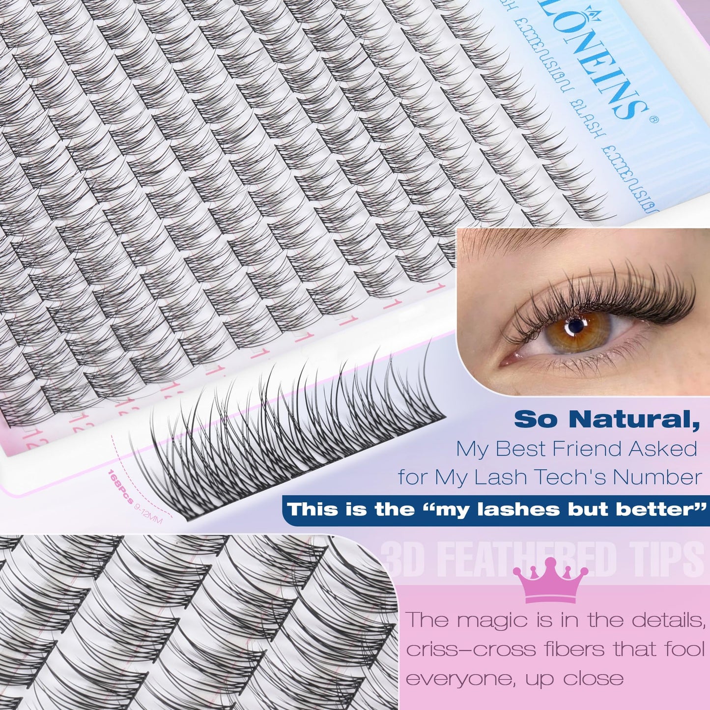 Natural Lash Extension Kit 168Pcs Lash Clusters Kit Wispy Eyelash Extensions 9-12MM Individual Lashes Extensions with Bond and Seal Lash Glue and Eyelash Extension Tweezers DIY at Home by TNFVLONEINS