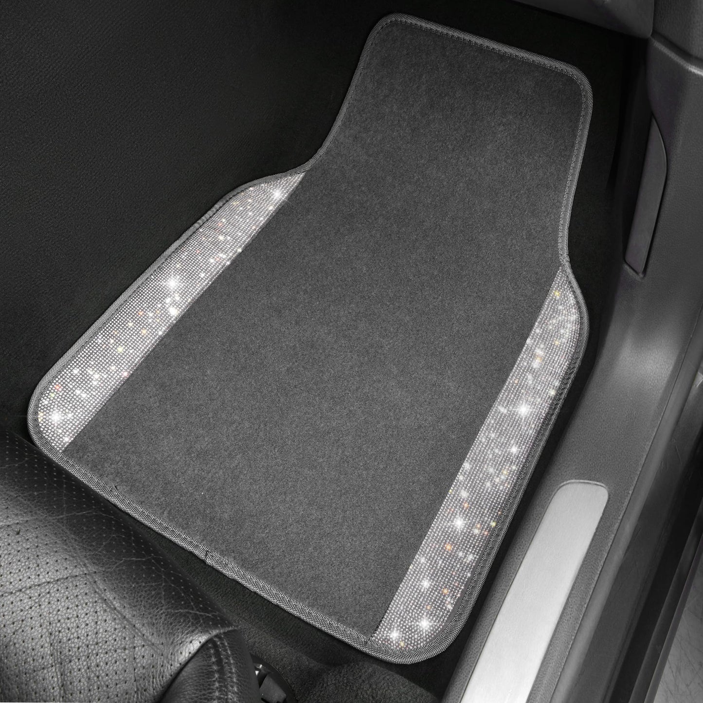 CAR PASS Bling Diamond Car Mats Shining Carpet Crystal Rhinestones Sparkly Glitter Floor Mats with Anti-Slip PVC Heel Pad Universal Fit for Automotive SUV, Sedan, Car, Van, 4pcs for Girl Women, Gray