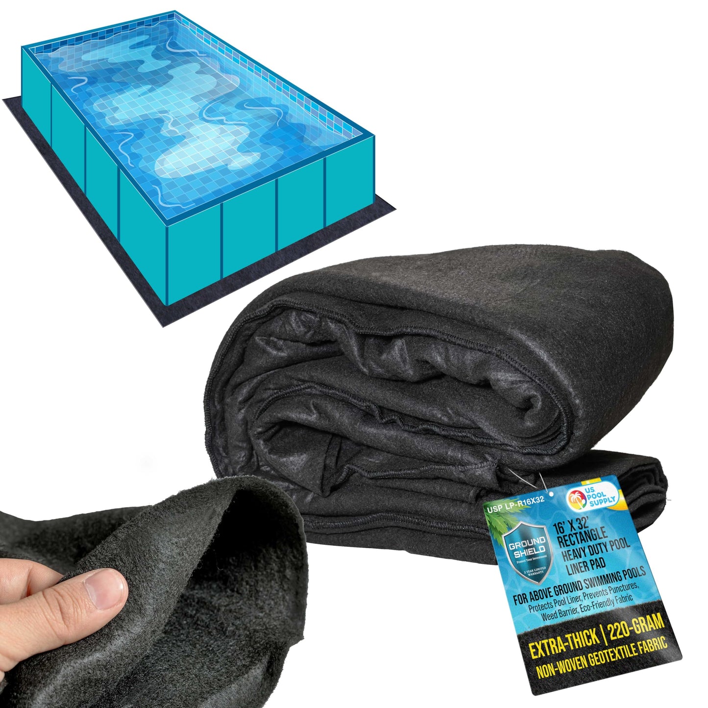 U.S. Pool Supply Ground Shield 16-Foot x 32-Foot Rectangle Heavy Duty Pool Liner Pad for Above Ground Swimming Pools - Protects Pool Liner, Prevents Punctures, Eco-Friendly Fabric - Extends Liner Life