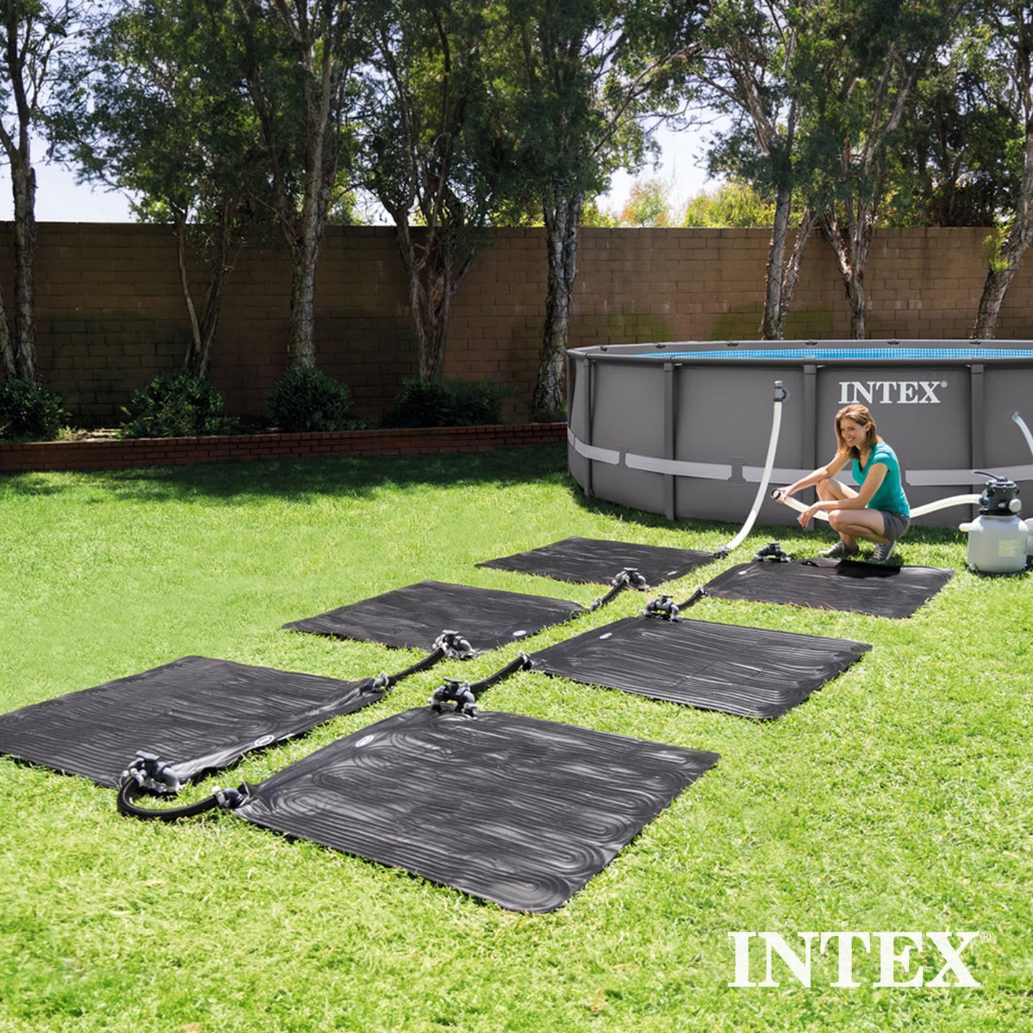 Intex 47 Inch x 47 Inch Solar Pool Heater Mat for 8,000 Gallon Above Ground Pool with Hose Attachment and Bypass Valve, Black (2 Pack)