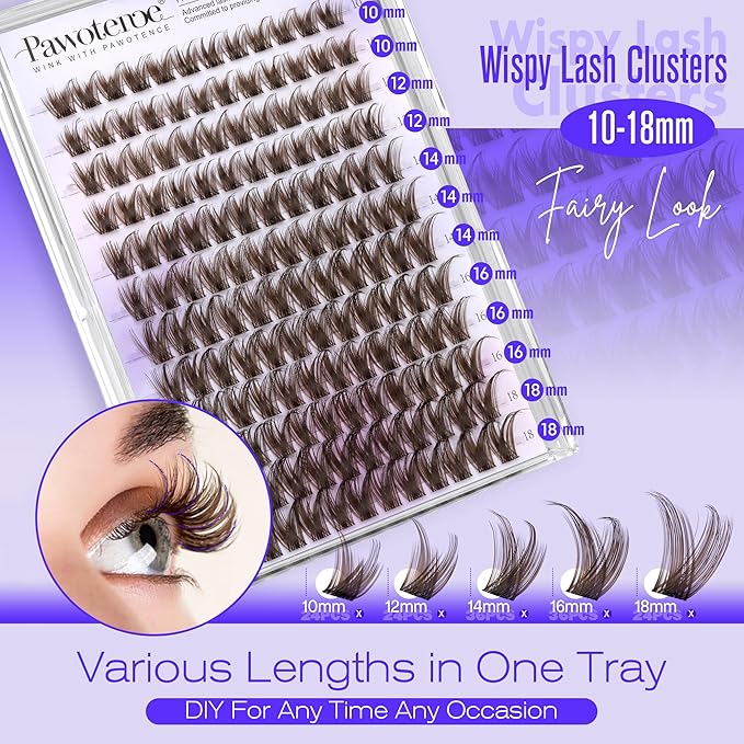 Pawotence Brown Lash Clusters Wispy Cluster Eyelash Extensions 10-18mm Individual Lashes DIY Cluster Lashes Extension Soft Brown Eyelash Clusters with Thin Band