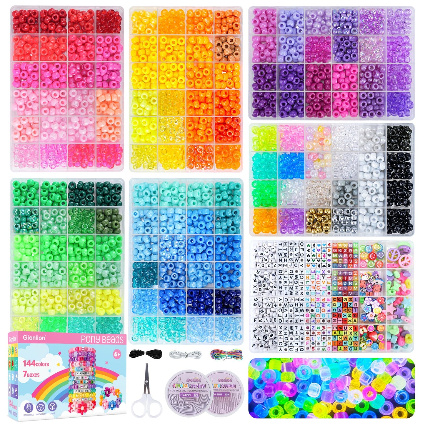 Gionlion 7 Boxes Pony Beads Bracelet Making Kit, 144 Colors 6x9mm Kandi Rave Beads, Friendship Bracelet Kit with 800Pcs Letter Bead for DIY Jewelry, Keychains, Arts and Crafts for Girls Kids Gifts