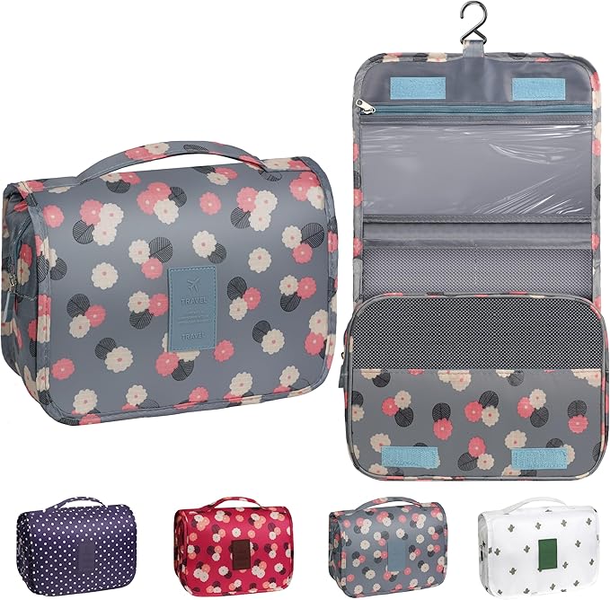 Toiletry Bag Travel Bag with Hanging Hook, Waterproof Capacity Hanging Multifunctional Makeup Bag for Toiletries, Portable Cosmetic Bag Travel Organizer for Women and Men(Blue Flower)