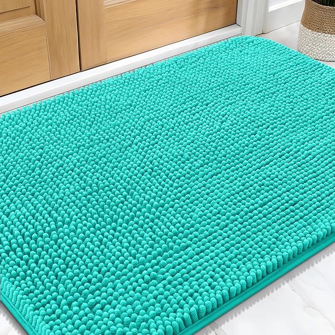 OLANLY Dog Door Mat for Muddy Paws 30x20, Absorbs Moisture and Dirt, Absorbent Non-Slip Washable Doormat, Quick Dry Chenille Mud Mat for Dogs, Entry Indoor Entryway Carpet for Inside Floor, Teal