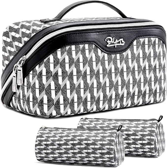 BOYATU Travel Makeup Bags for Women: Large Capacity Cosmetic Bag Set of 3 - Vegan Leather Make up Bags with Compartments - Wide Open Waterproof Toiletry Organizer Bag with Handle (P-04-Black)