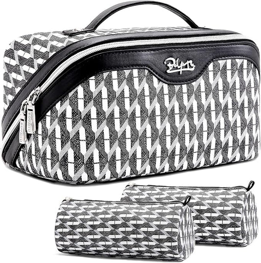 BOYATU Travel Makeup Bags for Women: Large Capacity Cosmetic Bag Set of 3 - Vegan Leather Make up Bags with Compartments - Wide Open Waterproof Toiletry Organizer Bag with Handle (P-04-Black)