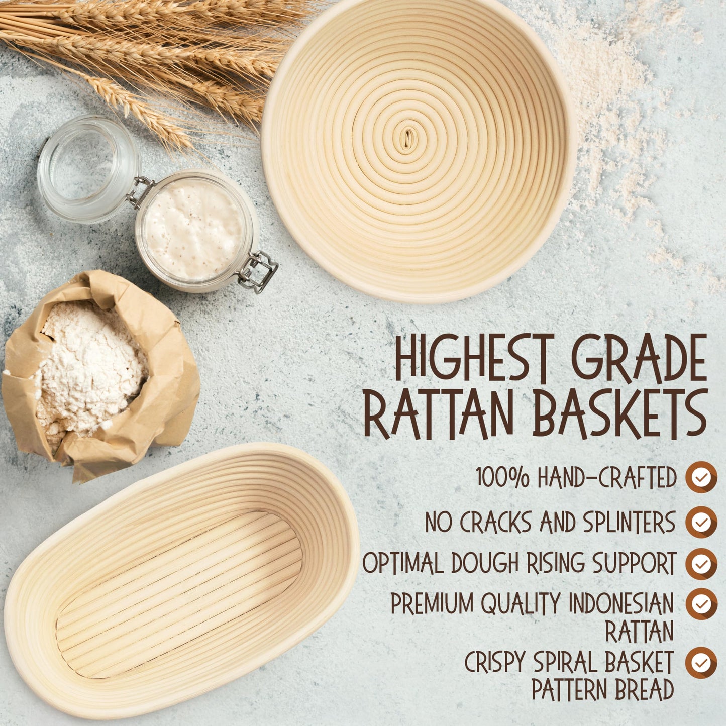 Superbaking Sourdough Proofing Basket Gift Set, Round 9" & Oval 10" Banneton, Sourdough Starter Kit, Sourdough Banneton Basket, Banneton Bread Proofing Basket Set of 2, Sourdough Bread Baking Supplies
