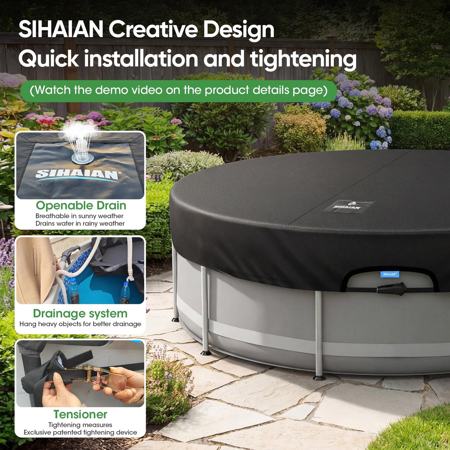SIHAIAN 14 Ft Round Pool Cover, with Automatic Drain Pool Cover, Patented One-Piece Tensioning System Above Ground Pool Cover, Preventing Waterlogging, Yarn-Dyed Oxford Fabric Solar Pool Cover
