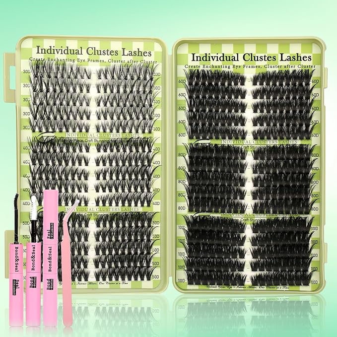 Lash Clusters Cat Eye Lash Clusters Kit Volume DIY Individual Lashes Clusters Lash Extension Kit 530Pcs Thin Band Wispy Lash Cluster Lash Bond and Seal Lash Tweezers