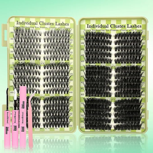 Lash Clusters Cat Eye Lash Clusters Kit Volume DIY Individual Lashes Clusters Lash Extension Kit 530Pcs Thin Band Wispy Lash Cluster Lash Bond and Seal Lash Tweezers
