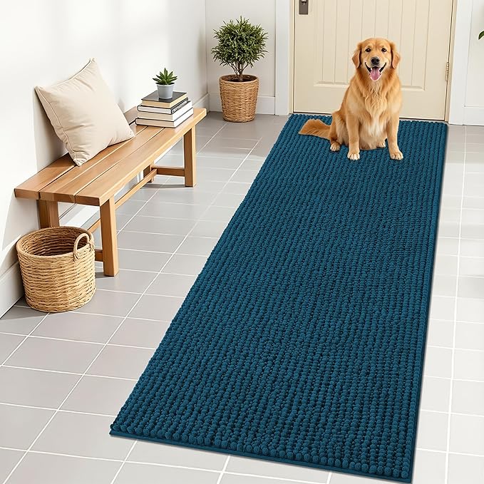 OLANLY Dog Door Mat for Muddy Paws 70x24, Ultra Absorbent Chenille Mud Doormat, Non-Slip Washable and Dirt Trapping Doormat for Indoor Entryway, Quick-Dry Indoor Pet Bed Mats for Dogs, Atlantic Blue