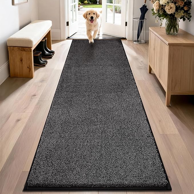 PURRUGS Dirt Trapping Door Mat 24" x 84", Non-Slip Machine Washable Entryway Rug, Dog Doormat, Indoor Front Door Mat, Super Absorbent Entry Rug for Muddy Shoes & Paws, Charcoal