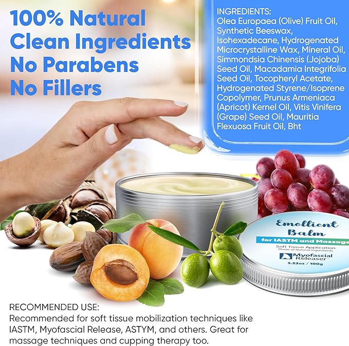 Myofascial Releaser Emollient Balm for IASTM & Gua Sha – Non-Greasy Massage Balm for Tool Glide and Bodywork – Natural, Hypoallergenic, Unscented Massage Balm Alternative to Oil (100g)