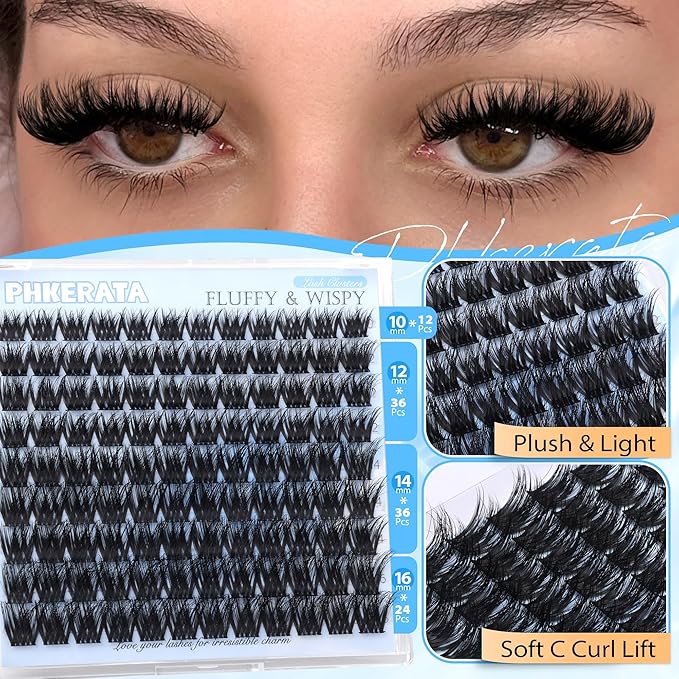 PHKERATA Fluffy Lash Clusters Wispy Eyelash Clusters Volume Clusters Eyelash Extensions, 10-16mm Mixed DIY Individual Lashes Cluster with Soft Thin Band, 108Pcs