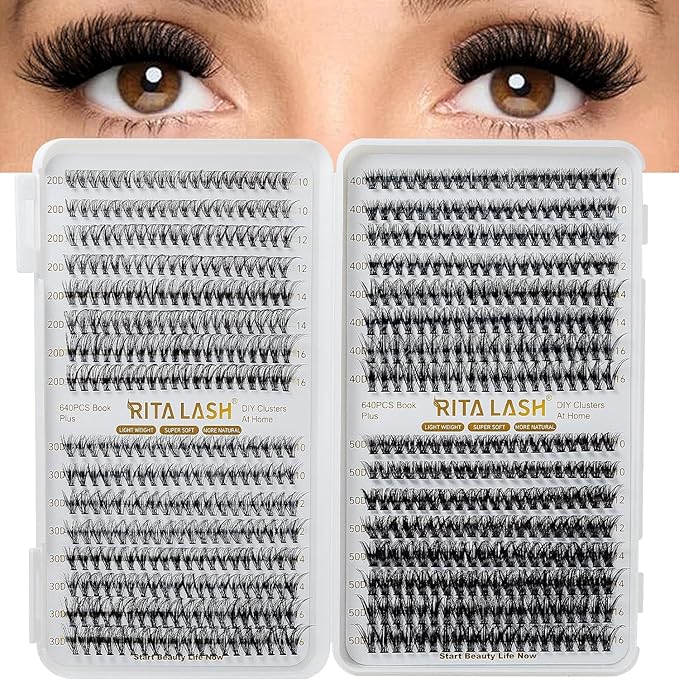 RITALASH Lash Clusters 640PCS 4 Style DIY Cluster Lashes Clusters Eyelash Extensions False Eyelashes Individual Lashes Wispy Lash Extension Natural Look(20D+30D+40D+50D Cluster Lashes,10-16mm)