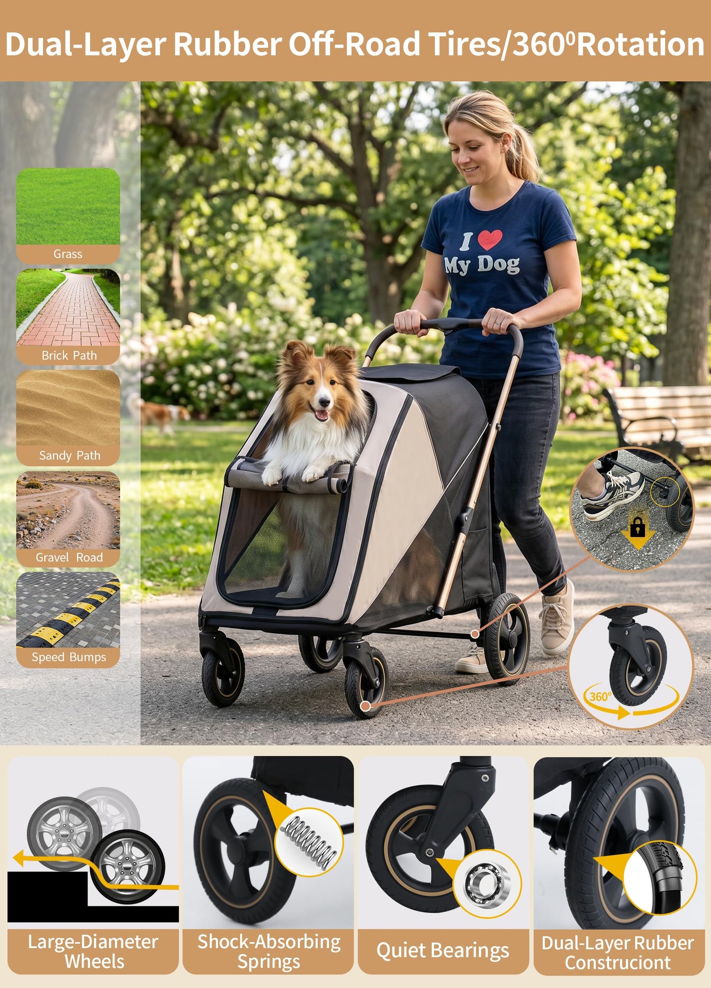 Dog Stroller for Large & Medium Dogs, One-Click Folding 4 Wheel Pet Stroller for Large Dogs up to 80lbs, Easy Fold Dual Entry with One-Foot Brake, Reflective Tape Design with Breathable mesh