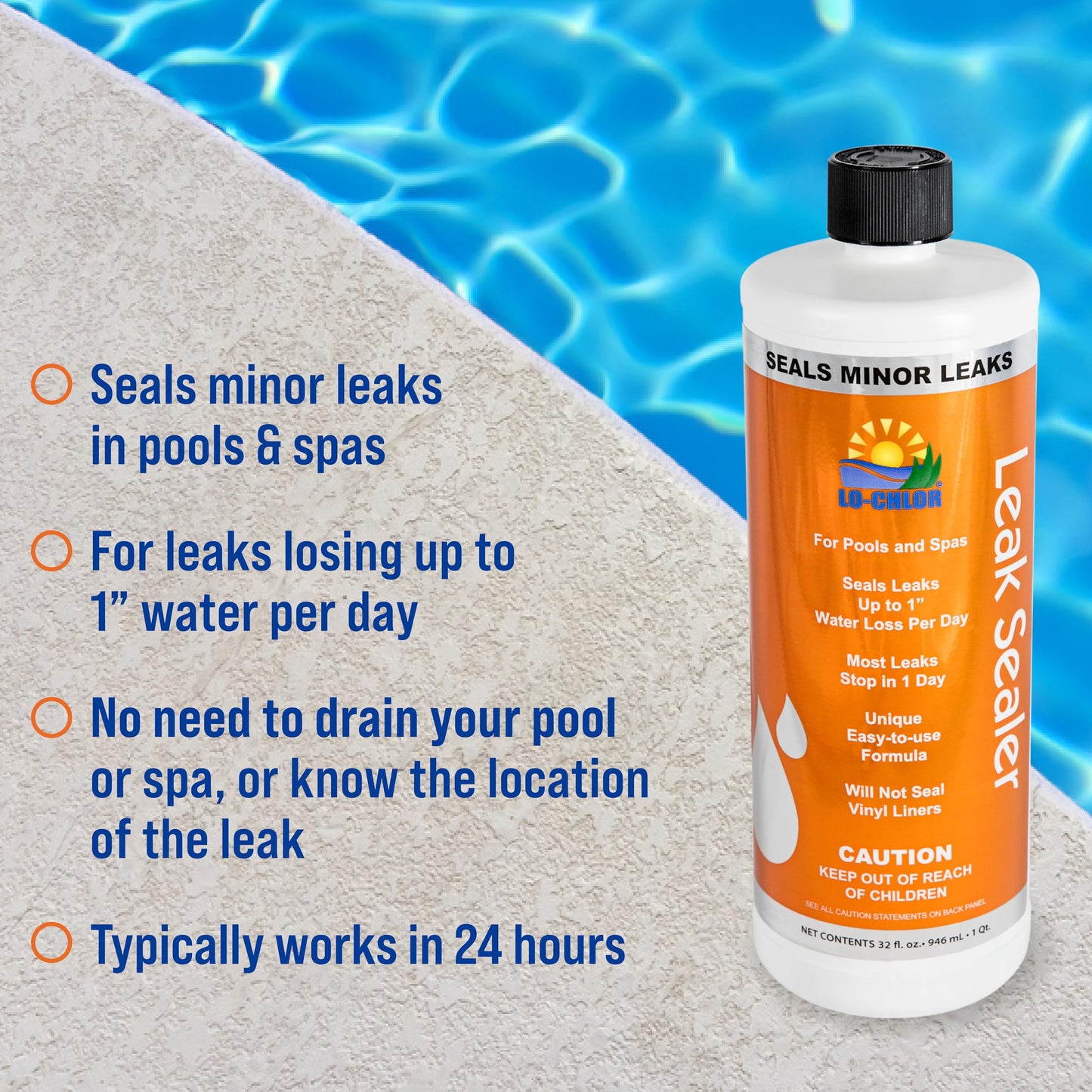 Lo-Chlor Leak Sealer - No Need to Drain Pool Water, Easily Fix a Leak Pool Leak Sealer - Hot Tub Leak Sealer Works in 24 Hours to Fix a Leak Spa and Hot Tub, Fast Acting Pool Leak Repair (32oz)