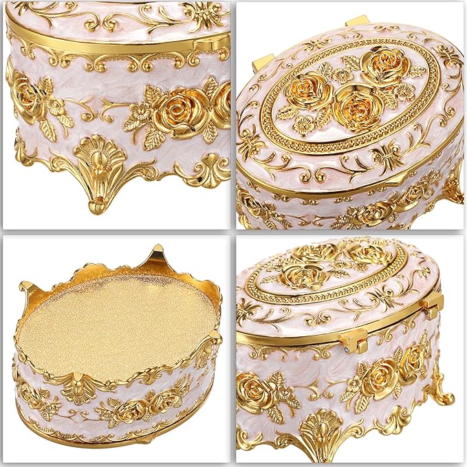 Hipiwe Vintage Metal Jewelry Box - Oval Trinket Organizer Ring Box Case with Rose Pattern Jewelry Storage Box for Ring Earrings Necklace, Gift for Women