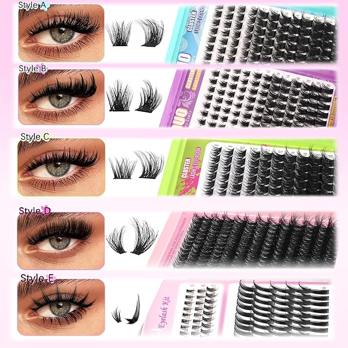 YIDUO 6 Styles Lash Clusters Kit Bulk Packs Eyelash Extensions Volume/Manga/ultra/Dramatic with pikes Bottom Lashes Clusters Kit 5-20mm Wispy Individual Fake Eyelashes Kit DIY at Home Easily