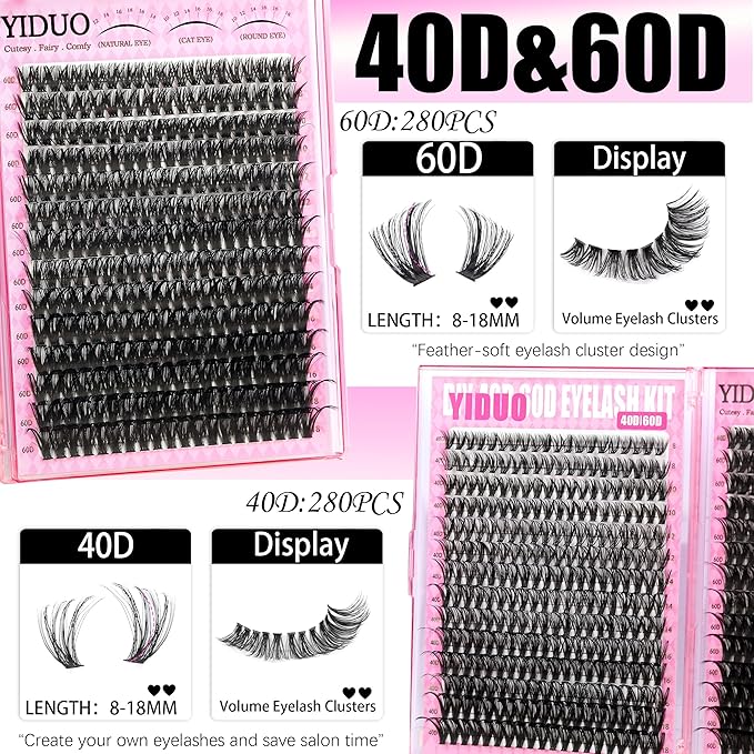 YIDUO Manga Lash Clusters Kit 40D+60D+80D+100 Fairy Spikes+Bottom Clusters Lashes Extensions Kit with 2X Bond and Seal 1094 Pcs 8-18mm Wispy Individual Eyelash Cluster Kit DIY at Home Easily