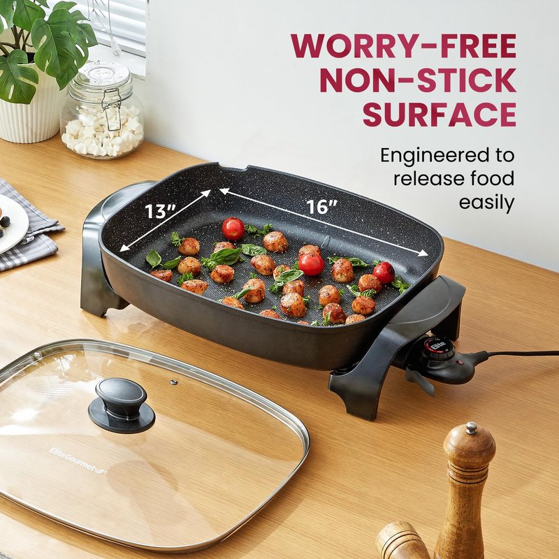 Elite Gourmet EG-6203# Extra Deep 16"x13" (10.5 Qt.) Non-Stick Electric Skillet with Glass Vented Lid & Pour Spout | Dishwasher Safe, Long-Lasting Non-Stick, 200-400°F | Serves 6-8, Black