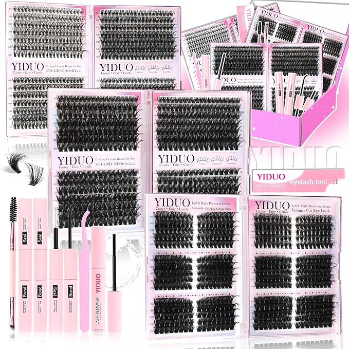 YIDUO 6 Styles Mix Lash Clusters Kit 1548Pcs with 2X Bond&Seal Volume Soft Cluster Lashes Extension Kit Gift Packs 8-18mm Wispy DIY Individual False Eyelashes Box Bulk for Beginners De Pestañas