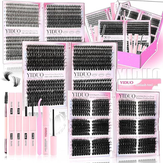 YIDUO 6 Styles Mix Lash Clusters Kit 1548Pcs with 2X Bond&Seal Volume Soft Cluster Lashes Extension Kit Gift Packs 8-18mm Wispy DIY Individual False Eyelashes Box Bulk for Beginners De Pestañas