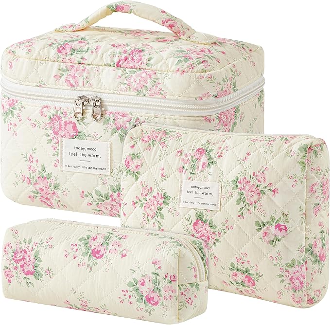 HBselect Quilted Makeup Bag, 3PCS Cotton Large Travel Makeup Bag, Cute Floral Coquette Make up Bag Cosmetic Bag Toiletry Bag for Women Girls