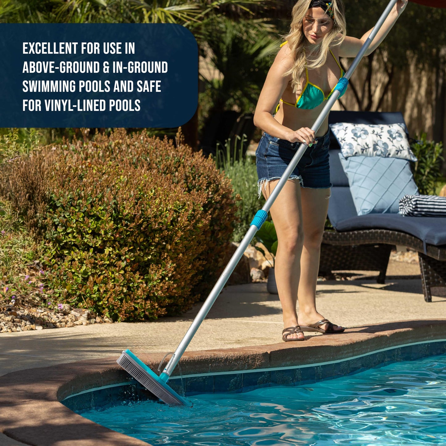 U.S. Pool Supply 13" Pool Brush with Rubber Bristles and Squeegee Edge - Safe for Vinyl Liners, Ideal for Above-Ground Pools, Aluminum Pole Handle - Scrub Leaves Debris from Walls, Floors, Corners