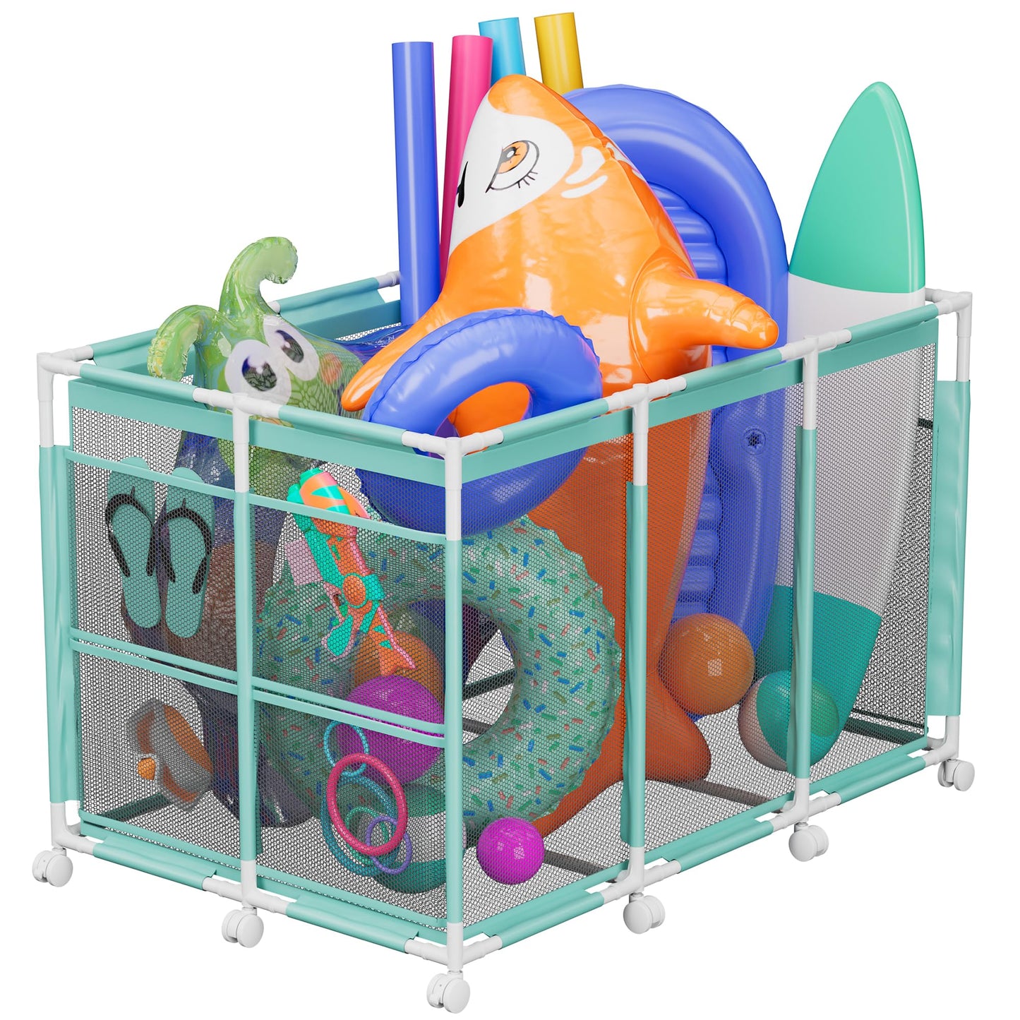 POOLHOUR Pool Float Storage – Outdoor Pool Toy Storage Organizer for Pool Noodles, Toys, Floats, Balls, and Equipment, Mesh Rolling Storage Organizer Bin, Cyan