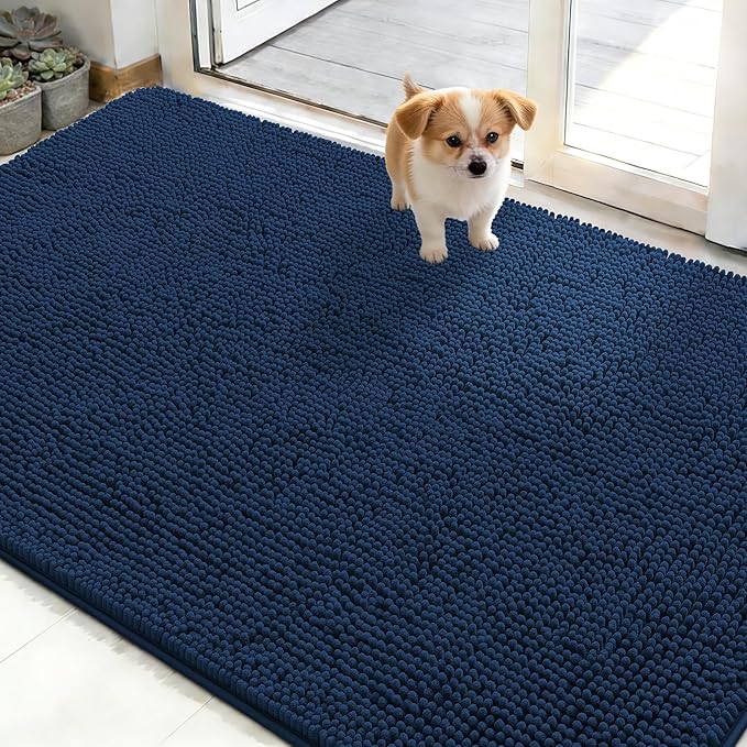 OLANLY Dog Door Mat for Muddy Paws 48x30, Absorbs Moisture and Dirt, Absorbent Non-Slip Washable Doormat, Quick Dry Chenille Mud Mat for Dogs, Entry Indoor Entryway Carpet for Inside Floor, Dark Blue
