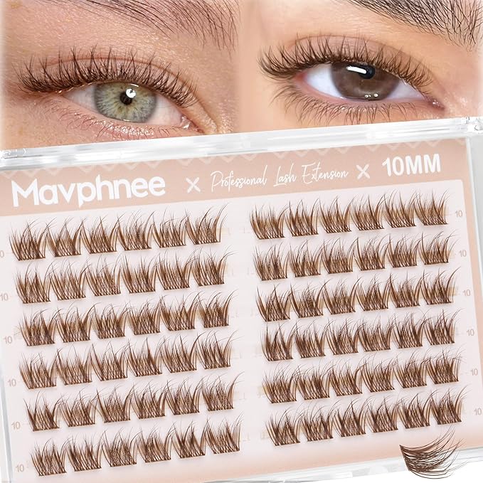 10MM Brown Lash Clusters Wispy Eyelash Extensions with Flexible Clear Band & C Curl, Reusable Natural Cluster Lash Extensions for Everyday Natural & Clean Girl Look