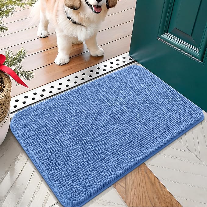 OLANLY Dog Door Mat for Muddy Paws 30x17, Absorbs Moisture and Dirt, Absorbent Non-Slip Washable Doormat, Quick Dry Chenille Mud Mat, Entry Indoor Entryway Carpet for Inside Floor, Cornflower Blue