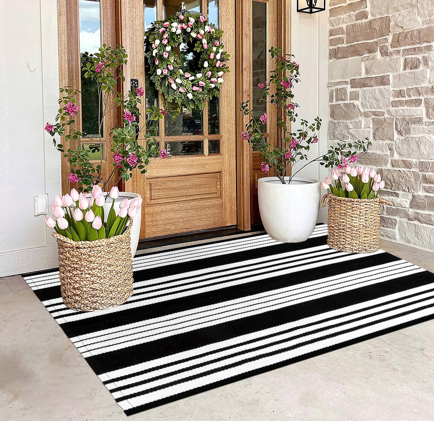 BUAGETUP Black and White Outdoor Rug 3'x 5' Cotton Woven Washable Rug Striped Front Porch Rug Area Rug Floor Mat for Farmhouse/Layered Door Mats/Living Room
