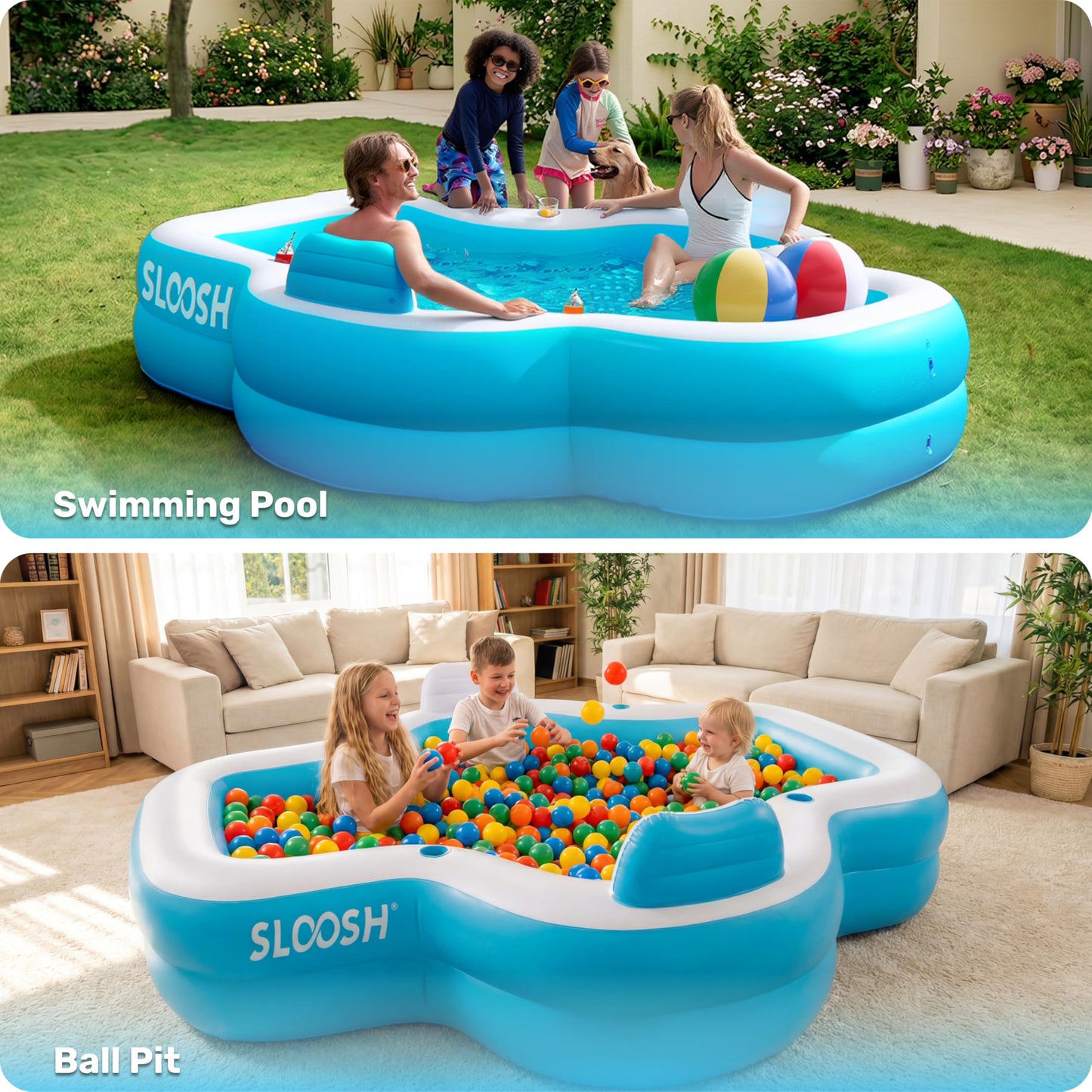 SLOOSH Inflatable Pool for Family with Seats, 120" x 101" x 26" Full-Sized Blow Up Durable Thickened Above Ground Pool with Backrest Cup Holders,Swimming Pools for Backyard Summer Water Lawn, Blue