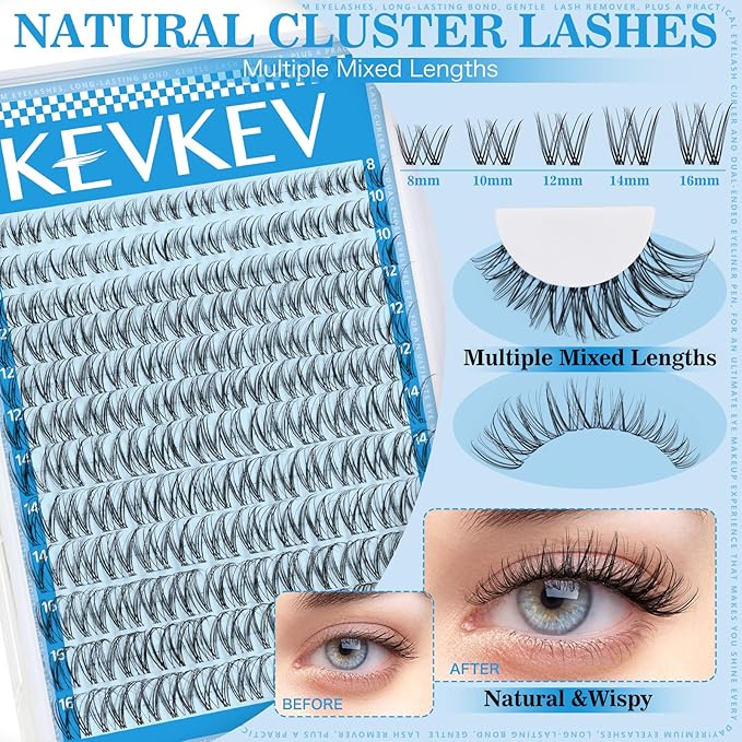 Wispy Lash Clusters Kit Invisible Thin Band Natural Eyelash Clusters 8-16mm Lash Extension Kit Mix Length Clear Band Natural Look Cluster Eyelash Extensions With Lash Bond DIY Lash At Home(Wispy02)