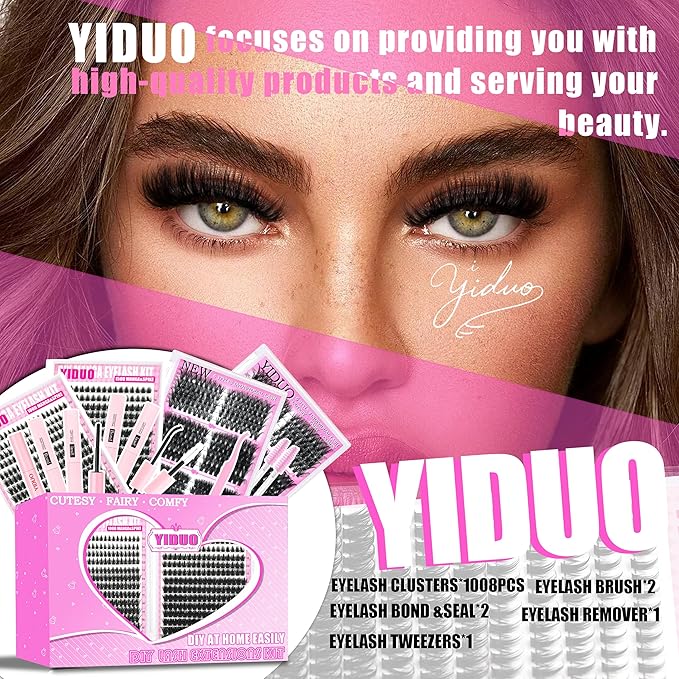 YIDUO Lash Clusters Kit 1021Pcs Volume Clusters Lashes Extensions with 2X Bond and Seal cat eye 50D/60D/80D + Manga 100D/150D Spikes Eyelash Cluster Kit 10-18mm Wispy Individual Lash DIY at Home