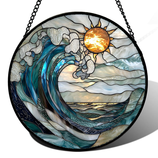 DASTOLL Stained Glass Window Hanging, Blue and White Waves Suncatcher Diamond Glass Panel Landscape Sun Catchers Decor for Birthday for Women, Men, Wife, Aunt, and Mom 14.9x14.9 in