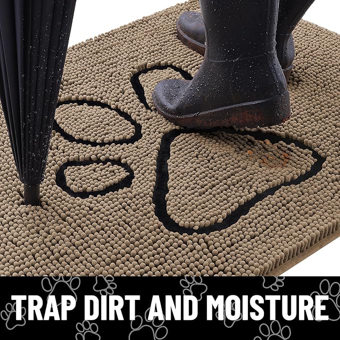 Smiry Dog Door Mat for Muddy Paws, Absorbent Dirt Trapper Non Slip Quick Dry Washable Chenille Mat for Mud Dogs, Entry Rug for Indoor and Outdoor (59x35 Inches, Camel and Black)