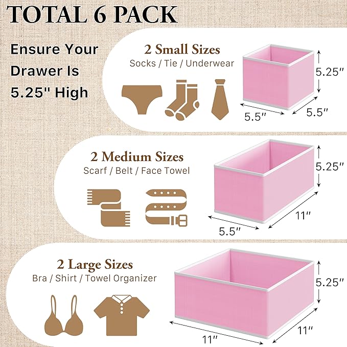 Simple Houseware Underwear Drawer Organizer for Lingerie/Undergarment/Bra/Panty/Sock/Onesie, Set of 6, Pink