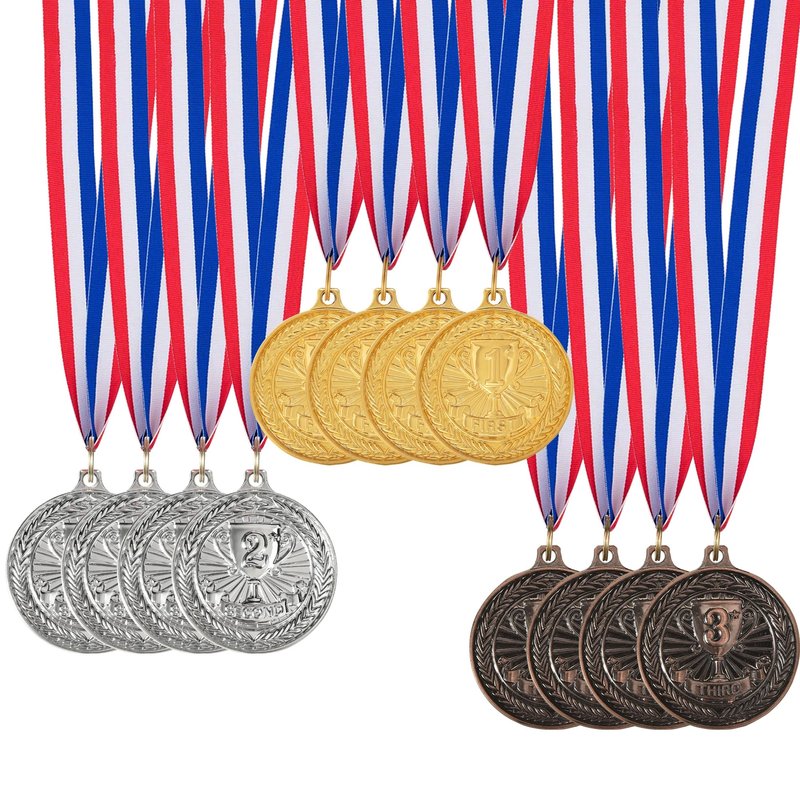 Dyshri 12 Pieces Gold Silver Bronze Award Medals, 1st 2nd 3rd Award Medals Metal Winner Medals Prizes with Neck Ribbon for Sports, Competitions, Olympic Style, 2 Inches