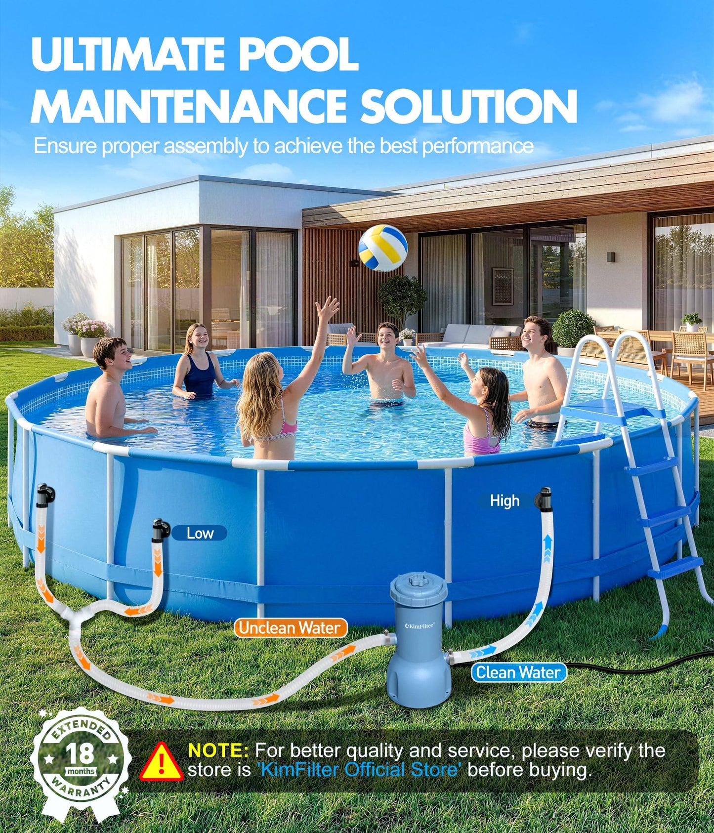 KimFilter Pro Series 1000 GPH Above Ground Pool Filter Pump, Powerful Pool Cartridge Filter Pump, Water Circulation and Filtration System -Improved Water Clean & Clarity, Pools Pumps Above Ground-Gray