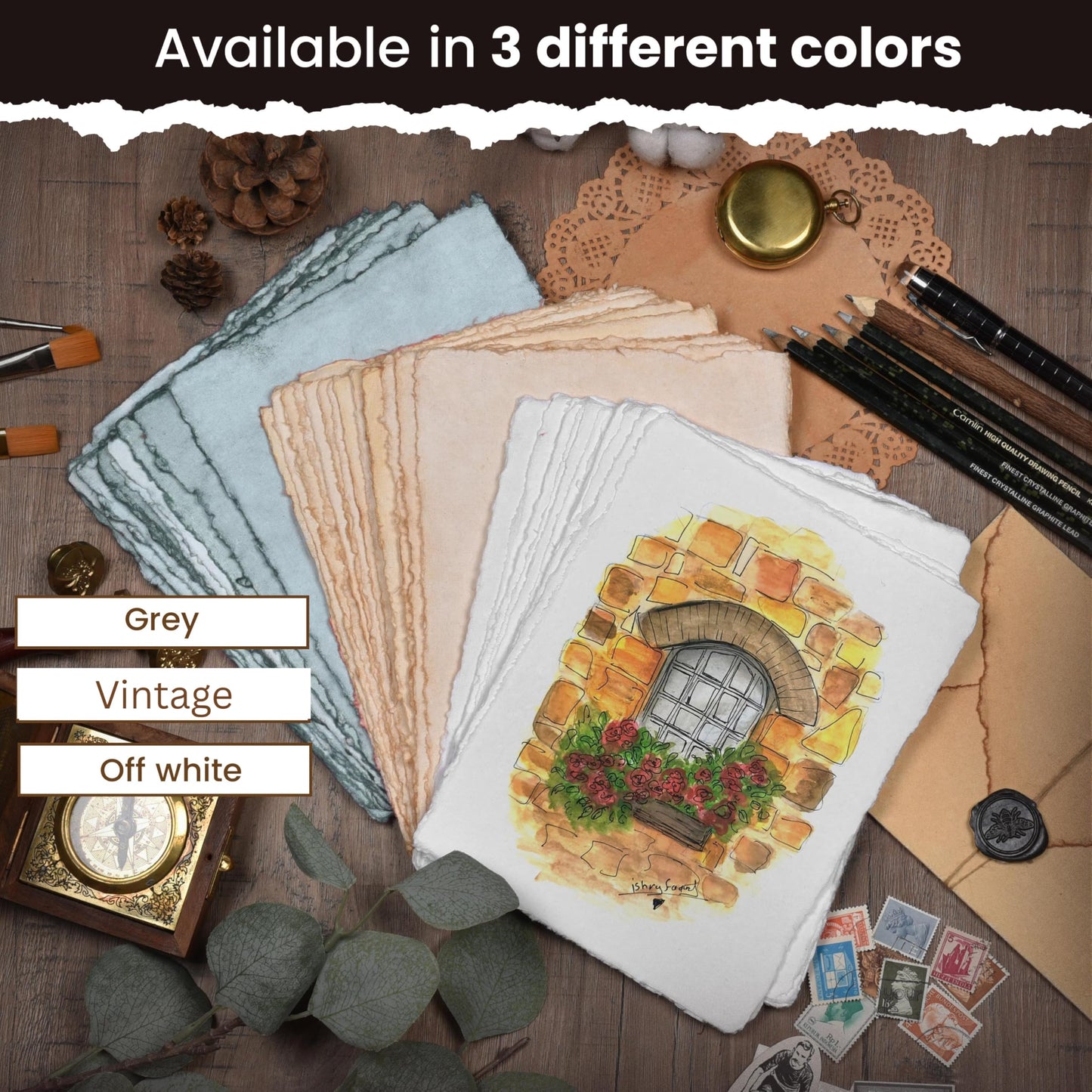 LEATHER VILLAGE Watercolor Paper - 12 X 16 inches, 50 Sheets - Mixed Media Watercolor Paper - 150 GSM Thick Deckle Edge Virgin Cotton Handmade Paper - Off White