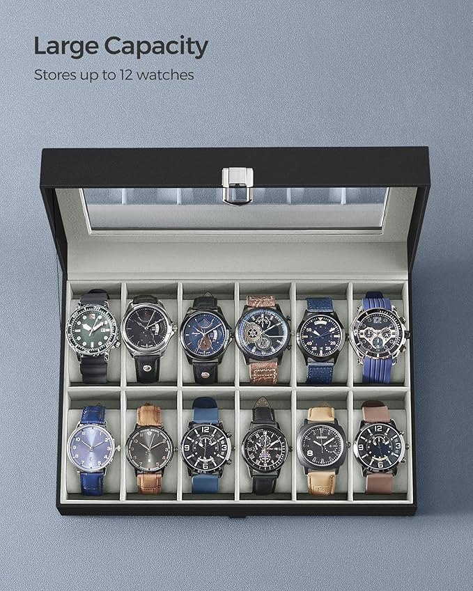 SONGMICS Watch Box, 12-Slot Watch Case Organizer with Large Glass Lid, Removable Pillows, Gift for Loved Ones, Black Synthetic Leather, Gray Lining UJWB12BK