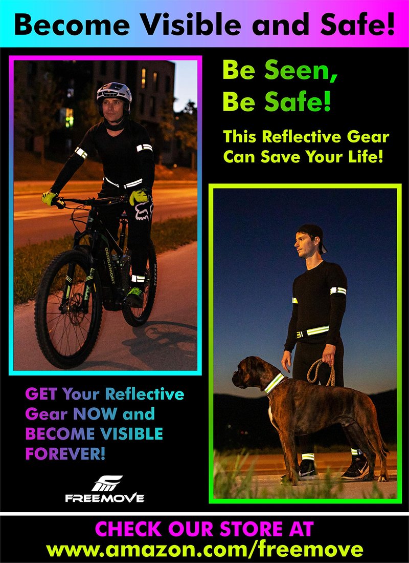 FREEMOVE Reflective Running Gear - a Pack with Adjustable Runners Waist Belt + 4 Arm/Wrist Bands for Men and Women - Stay Safe Day or Night When Dog Walking, Running, Cycling, Jogging, Biking, MTB